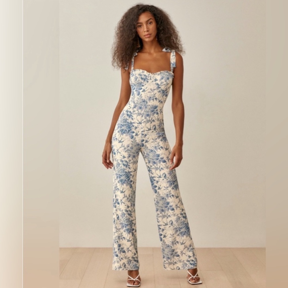 Reformation Ivory and Indigo Textured Jumpsuit